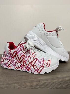 Skechers White Platform Sneakers with Pink & Red Heart Design